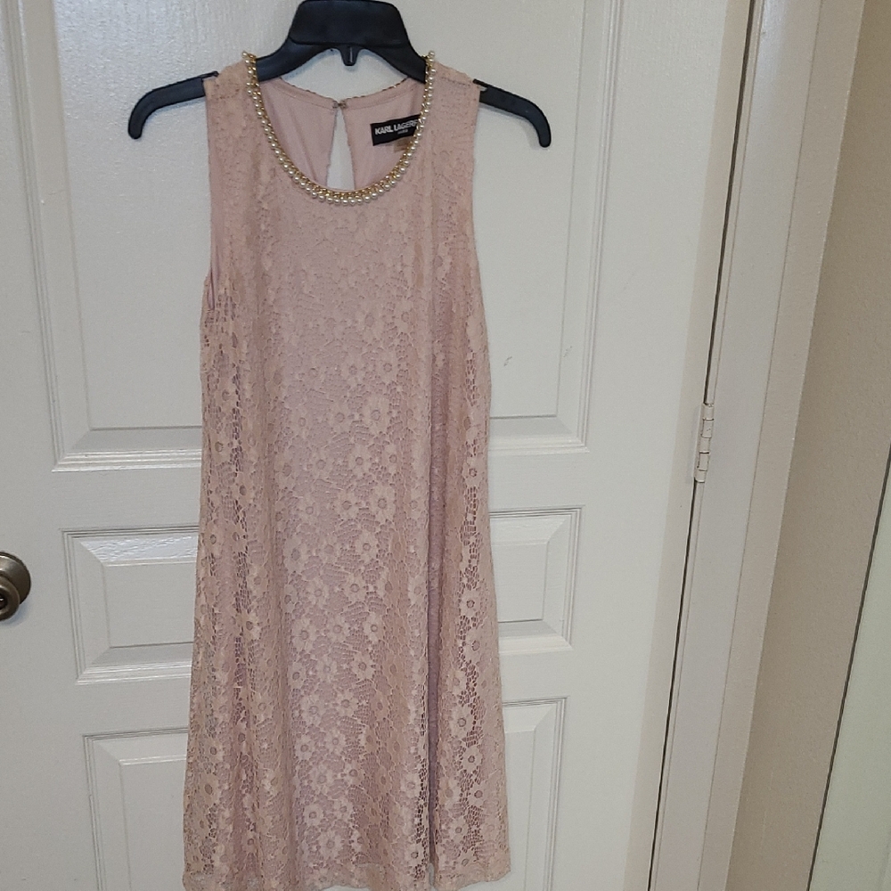 Karl Lagerfeld Pink Lace Dress with Pearl Neckline